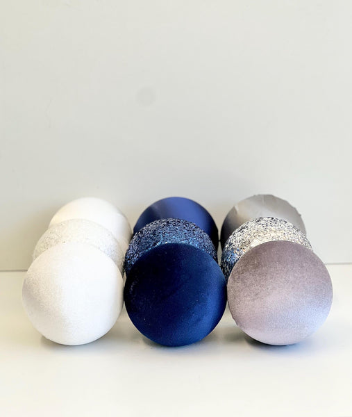 Silver Blue Christmas Ornament Set, Velvet Satin Glitter Baubles, Elegant Winter Tree Decor