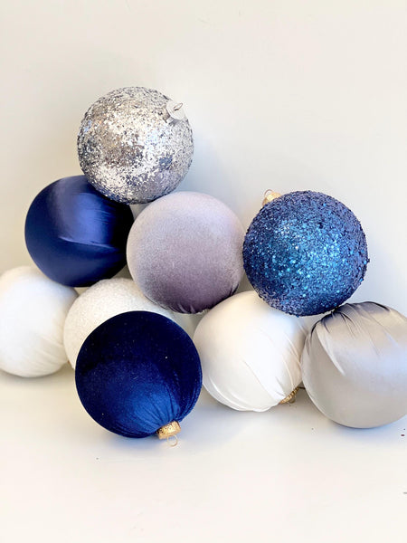 Silver Blue Christmas Ornament Set, Velvet Satin Glitter Baubles, Elegant Winter Tree Decor