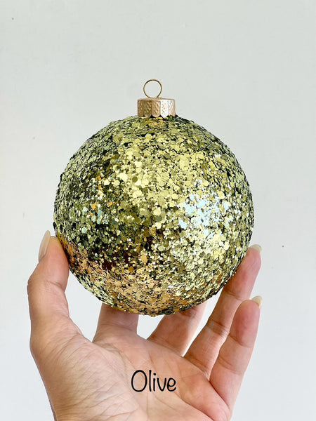 Glitter Christmas Ornament, Olive Green, Dark Green, Navy or Royal Blue Ball, Custom 3–8 Inch Handmade Tree Decor