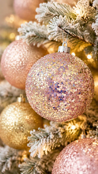A close-up of a glittery rose gold Christmas ornament hanging on a flocked pine tree branch with warm string lights and other gold and rose gold ornaments in the background.