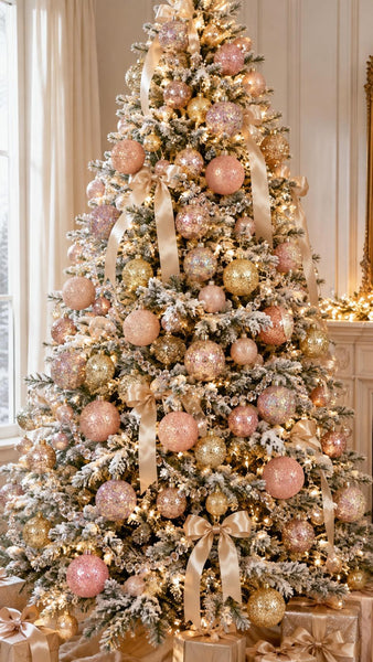 A decorated flocked Christmas tree in a warm indoor setting, adorned with blush pink, gold, and white ornaments, ribbons, and warm string lights, with wrapped gifts at the base.