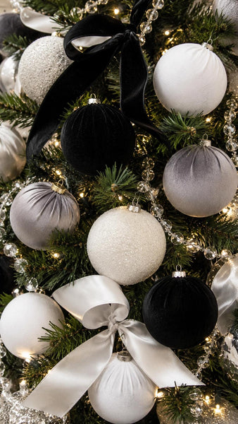 Black Silver Christmas Ornament Set, Velvet Satin Glitter Baubles, Modern Glam Tree Decor