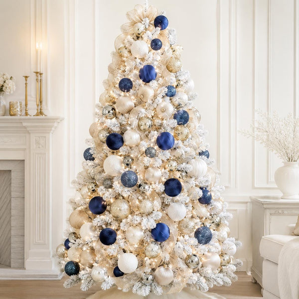 Silver Blue Christmas Ornament Set, Velvet Satin Glitter Baubles, Elegant Winter Tree Decor