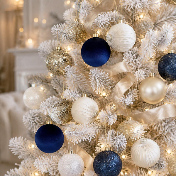 Silver Blue Christmas Ornament Set, Velvet Satin Glitter Baubles, Elegant Winter Tree Decor