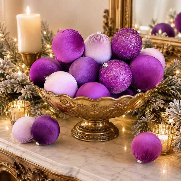 Purple Christmas Ornaments: Glitter & Velvet Handmade Decorations, Set of 12