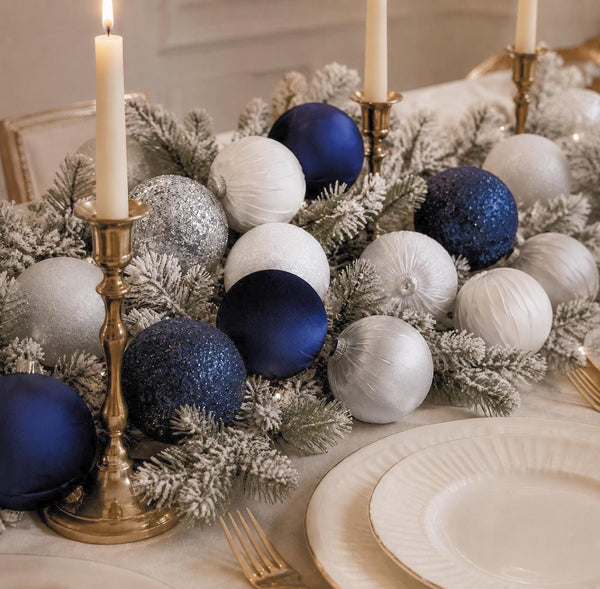 Silver Blue Christmas Ornament Set, Velvet Satin Glitter Baubles, Elegant Winter Tree Decor