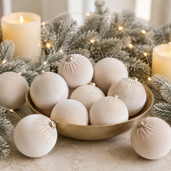 Beige Velvet Christmas Ornaments Set of 12, Neutral 3 or 4 Inch Baubles, Elegant Minimalist Holiday Tree Decor