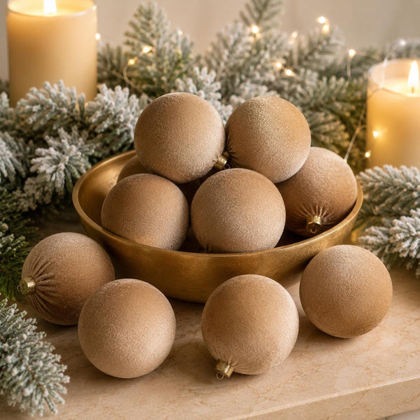 Peanut Brown Velvet Christmas Ornaments Set of 12, Neutral 3 or 4 Inch Baubles, Warm Earth Tone Holiday Tree Decor