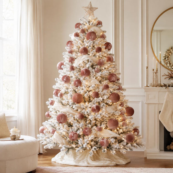 A flocked Christmas tree decorated with dusty rose ornaments, cream ribbons, and warm white string lights, styled in a bright, elegant living room next to a window and fireplace mantel.
