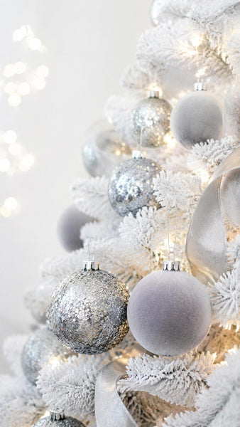 Silver Christmas Ornament Set of 12, Glitter and Flocked Velvet Balls, 3 or 4 Inch Luxury Tree Decor