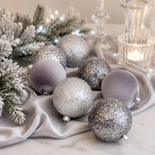 Silver Christmas Ornament Set of 12, Glitter and Flocked Velvet Balls, 3 or 4 Inch Luxury Tree Decor