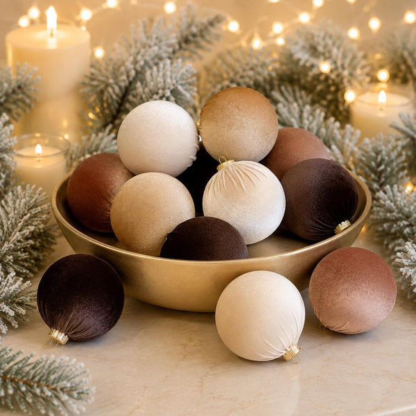 Brown Velvet Christmas Ornaments Set of 12, Neutral 3 or 4 Inch Baubles, Classic Warm Holiday Tree Decor