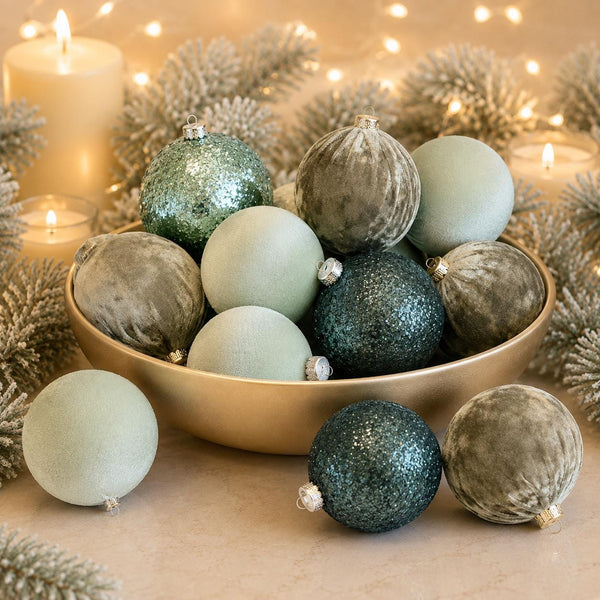 Green Christmas Ornaments: Handmade Velvet Glitter Bulbs, Set of 12