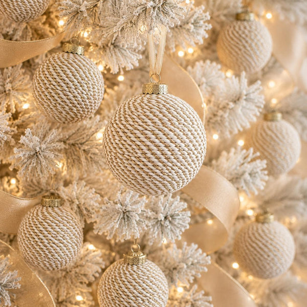 Beige Yarn Christmas Ornament, Handmade Gold Holiday Ball, 3.2 Inch Neutral Tree Decor, Rustic Wrapped Christmas Bauble