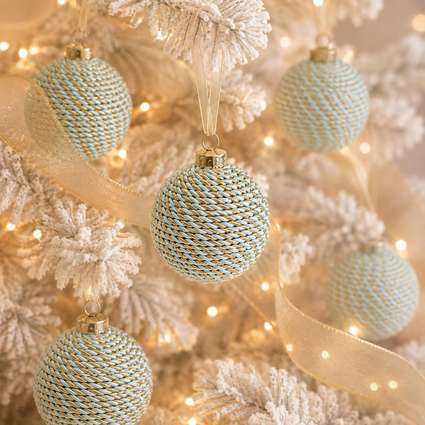 Blue and Gold Yarn Christmas Ornament, Handmade Wrapped Ball, 3.2 Inch Regal Holiday Tree Decor, Classic Christmas Bauble