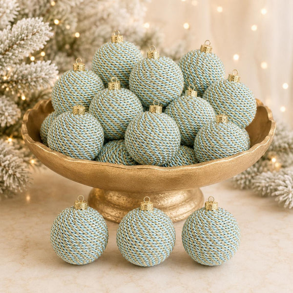 Blue and Gold Yarn Christmas Ornament, Handmade Wrapped Ball, 3.2 Inch Regal Holiday Tree Decor, Classic Christmas Bauble