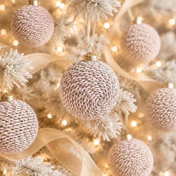 Handmade Pink & Gold Christmas Ornament: Yarn Wrapped Ball