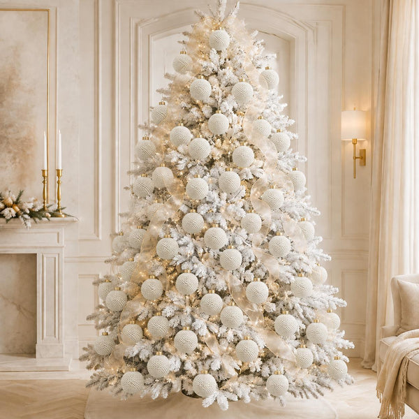 Ivory Yarn Christmas Ornament, Handmade White Wrapped Ball, 3.2 Inch Neutral Holiday Tree Decor, Rustic Christmas Bauble
