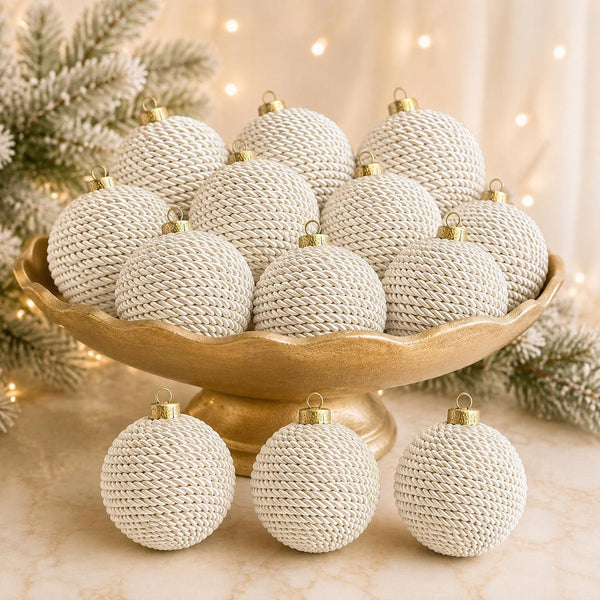 Ivory Yarn Christmas Ornament, Handmade White Wrapped Ball, 3.2 Inch Neutral Holiday Tree Decor, Rustic Christmas Bauble