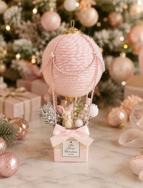 Baby’s First Christmas Ornament 2026, Pink Hot Air Balloon with Bunny, Handmade Newborn Keepsake
