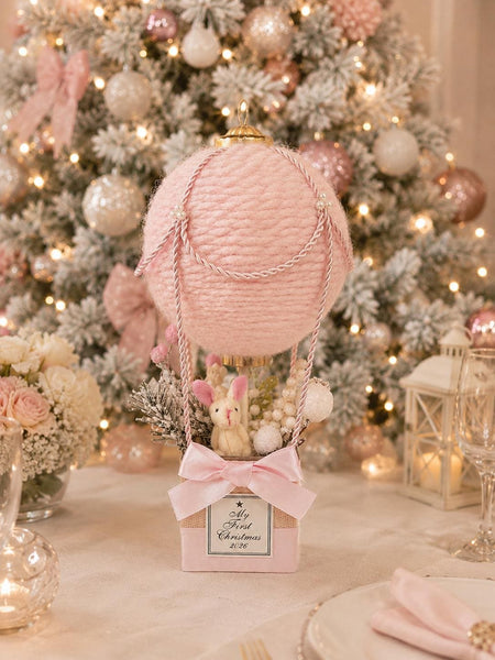 Baby’s First Christmas Ornament 2026, Pink Hot Air Balloon with Bunny, Handmade Newborn Keepsake