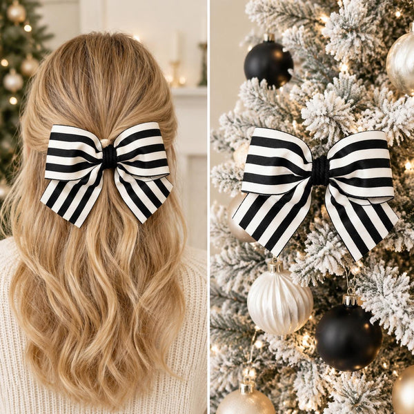 Black and White Striped Bow, Christmas Tree Ornament, Farmhouse Holiday Decor, Large Hair Bow