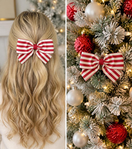 Red and White Striped Christmas Bow, Tree Ornament, Farmhouse Hair Bow and Wreath Decor