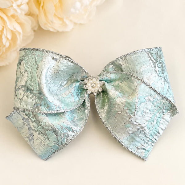 Blue and Silver Christmas Bow with Crystal Brooch, Tree Ornament, Hair Bow and Wreath Decor