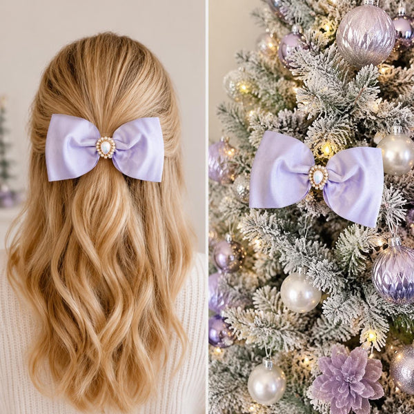 Lavender Satin Christmas Bow with Pearl Brooch, Tree Ornament, Hair Bow and Wreath Decor