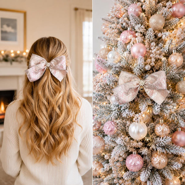 Pink Christmas Bow with Crystal Accent, Tree Ornament, Holiday Hair Bow and Wreath Decor
