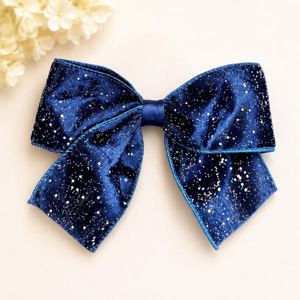 Navy Blue Glitter Velvet Christmas Bow, Tree Ornament, Holiday Hair Bow and Wreath Decor