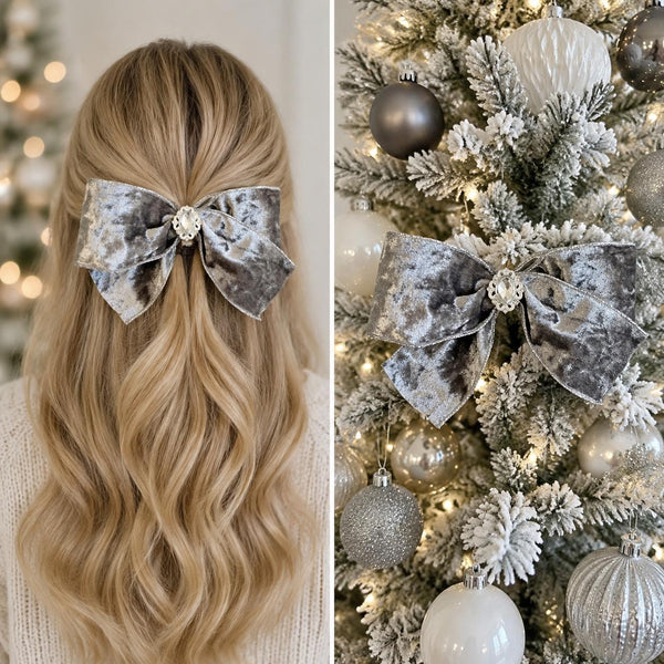 Gray Velvet Christmas Bow with Crystal Brooch, Tree Ornament, Holiday Hair Bow and Wreath Decor