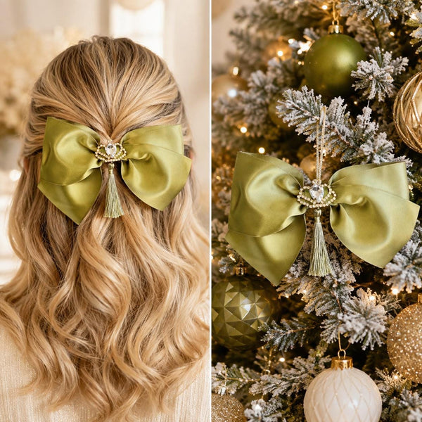 Olive Green Christmas Bow, Optional Crystal Brooch, Tree Ornament, Hair Bow and Wreath Decor