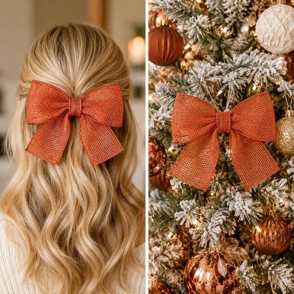 Rust Brown Burlap Christmas Bow, Rustic Tree Ornament, Farmhouse Wreath and Holiday Decor