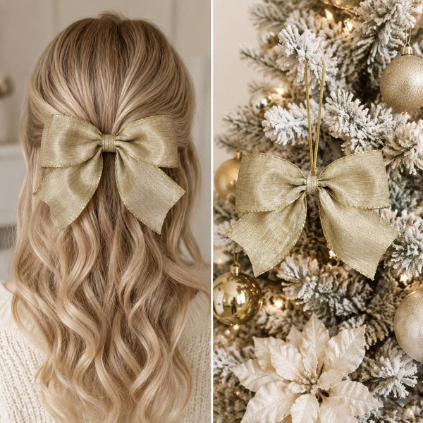Beige and Gold Burlap Christmas Bow, Rustic Tree Ornament, Farmhouse Wreath and Holiday Decor