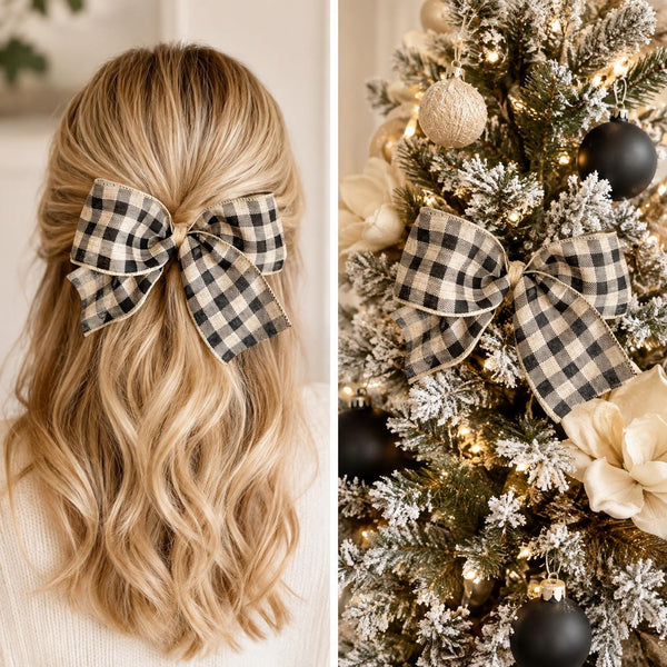 Beige and Black Plaid Christmas Bow, Rustic Tree Ornament, Farmhouse Hair Bow and Wreath Decor
