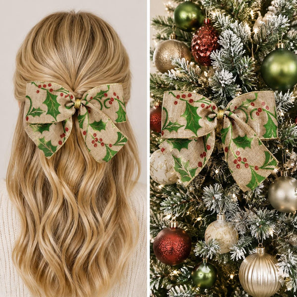 Christmas Holly Bow, Holiday Tree Ornament, Farmhouse Wreath Decor, Festive Hair Bow