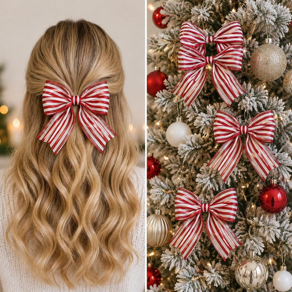 Red and White Striped Christmas Bows, Set of 3, Farmhouse Tree Ornaments and Wreath Decor