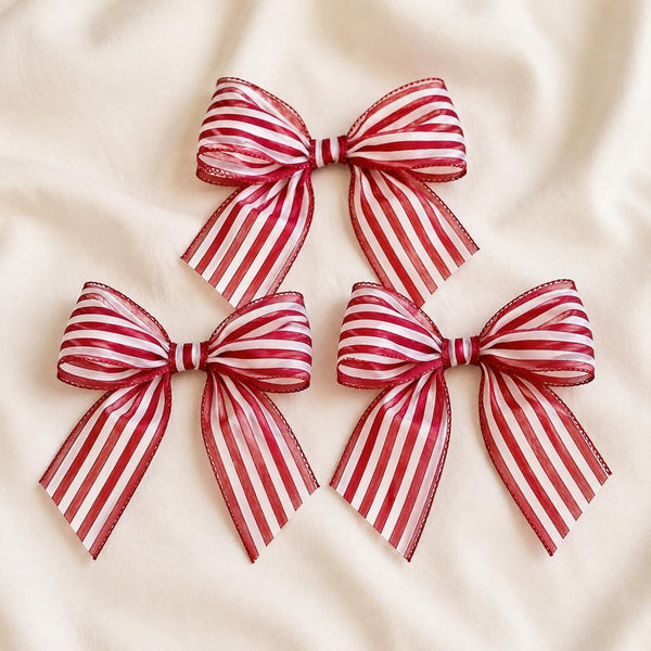 Red and White Striped Christmas Bows, Set of 3, Farmhouse Tree Ornaments and Wreath Decor