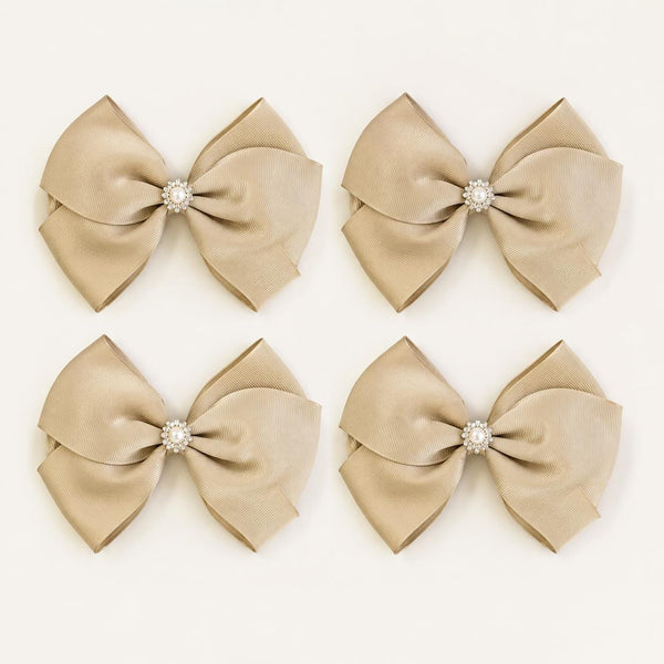 Beige Satin Christmas Bows with Pearl Accent, Set of 4, Tree Ornaments and Holiday Hair Bows