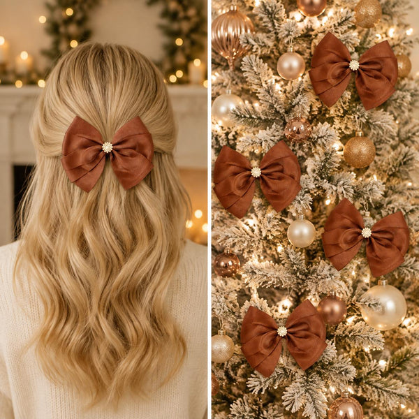 Amber Satin Christmas Bows with Crystal Accent, Set of 4, Tree Ornaments and Holiday Hair Bows