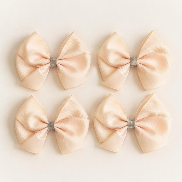 Peach Satin Christmas Bows with Crystal Accent, Set of 4, Tree Ornaments and Holiday Hair Bows