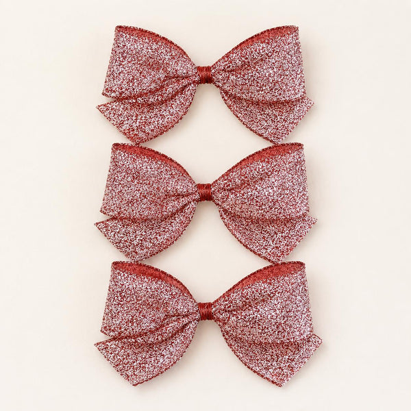 Red Glitter Christmas Bows, Set of 3, Sparkling Tree Ornaments and Holiday Wreath Decor