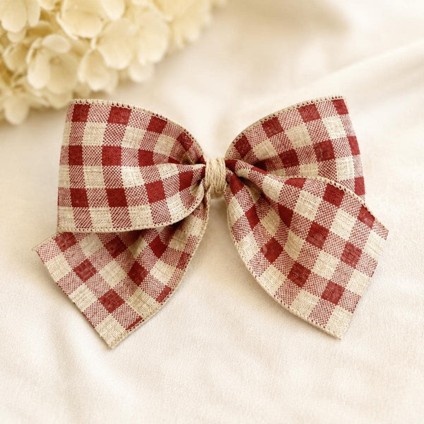 Beige and Burgundy Plaid Christmas Bow, Rustic Tree Ornament, Hair Bow and Wreath Decor