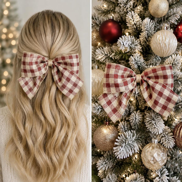 Beige and Burgundy Plaid Christmas Bow, Rustic Tree Ornament, Hair Bow and Wreath Decor