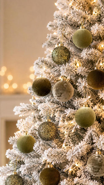A close-up of a flocked Christmas tree decorated with green and gold ornaments and warm white string lights in an indoor setting.