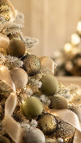 A close-up festive arrangement of frosted pine branches decorated with matte and glittery gold and olive green ornaments, draped with wide champagne ribbons and warm string lights.