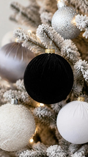 A close-up of a black velvet Christmas ornament hanging on a flocked Christmas tree branch, surrounded by silver, white, and glittery ornaments with warm string lights.