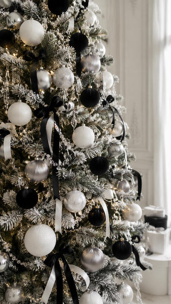 Black Silver Christmas Ornament Set, Velvet Satin Glitter Baubles, Modern Glam Tree Decor