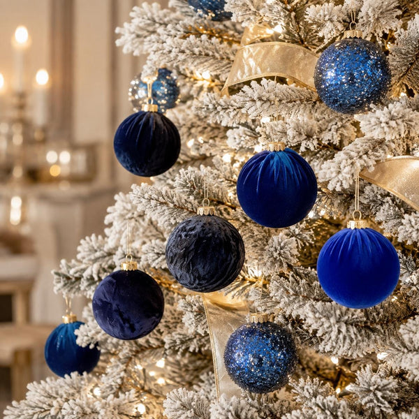 Blue Velvet & Glitter Christmas Balls: Handmade Flocked Ornaments, Set of 12